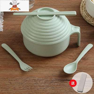 日式家用餐具小麦秸秆碗筷勺五件套装学生宿舍大号带盖塑料泡面碗 北欧绿5件套+收纳盒 敬平
