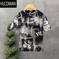 HLCOMAN高级感复古印花短袖t恤男潮流扎染半截袖男士韩版修身圆领体恤衫
