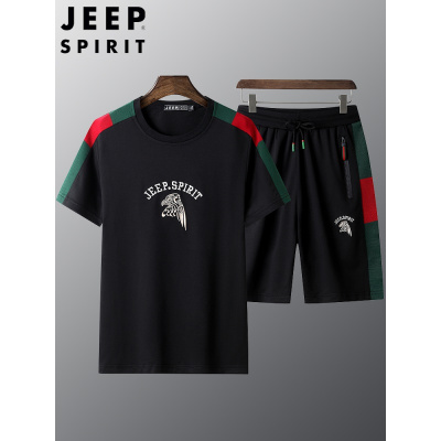 JEEPSPIRIT吉普休闲运动套装男夏季薄款潮流男士冰丝透气短袖T恤两件套上衣