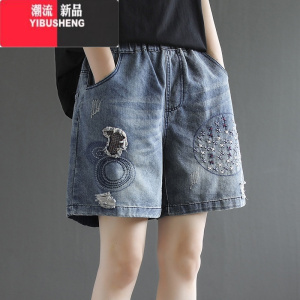 YIBUSHENG时尚韩版破洞刺绣牛仔裤女季新款松紧腰宽松拼接大码休闲短裤子