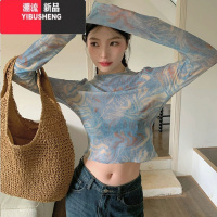 YIBUSHENG美式复古扎染半高领网纱T恤女2024年春季辣妹显瘦别致长袖上衣ins