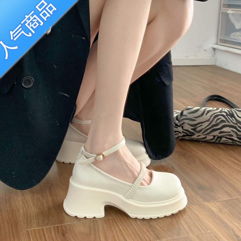 SUNTEK白色玛丽珍高跟鞋女夏季一字带粗跟厚底圆头小皮鞋小个子包头凉鞋