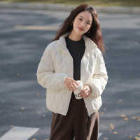 [2.5折价274元]唐狮冬装新款菱形格羽绒服女小个子白色立领秋冬季保暖外套