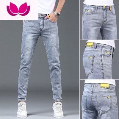 七斓高端浅色牛仔裤男潮牌修身小脚弹力男士韩版潮流百搭休闲直筒长裤