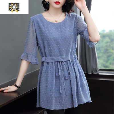 暖青汇雪纺衫女式新款2020夏季大码中长七分袖洋气小衫中袖妈妈收腰上衣大码女装