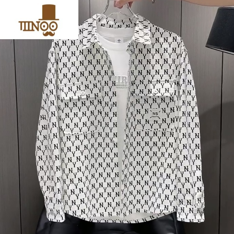 YANXU男士秋季新款字母印花时尚衬衫翻领百搭痞帅夹克青年潮流牛仔外套