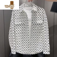 YANXU男士秋季新款字母印花时尚衬衫翻领百搭痞帅夹克青年潮流牛仔外套