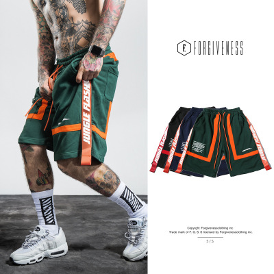 【硬汉风格】2018潮牌欧美拼色休闲裤中腰百塔五分裤男式短裤口袋裤子