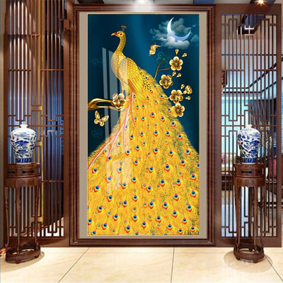 入户玄关装饰画中式孔雀挂画晶瓷画进走廊过道壁画客厅轻奢墙画