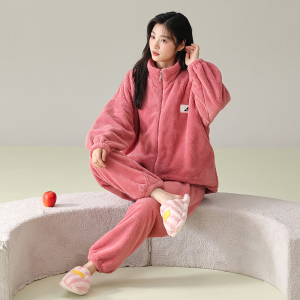 花花公子情侣款睡衣珊瑚绒男女秋冬季加绒保暖休闲家居服长袖套装