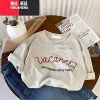 YIBUSHENG复古美式燕麦色短袖T恤女设计感印花体恤宽松chic港味上衣