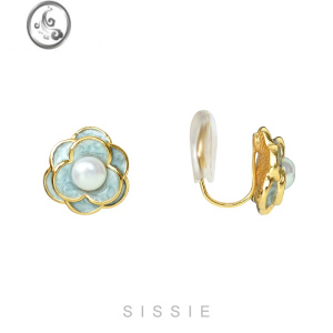 JiMi新中式古风青花瓷蓝色山茶花耳夹无耳洞女淡水珍珠蚊香盘耳饰耳钉 金色蚊香盘耳夹一对