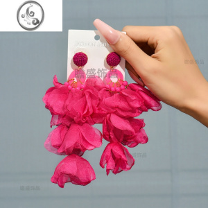 JiMi多色波西米亚串珠甜美蕾丝棉花瓣耳环个性烫边设计仙女气质耳饰品