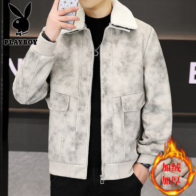 花花公子新款脏脏布 男士冬季加绒加厚外套时尚个性百搭夹克