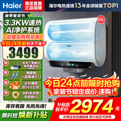 海尔(Haier)麦浪套系电热水器 国家补贴15%双胆扁桶60升BK5PLUS富锶小蓝瓶无镁棒3300W速热一级能效