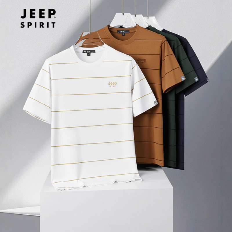 JEEP SPIRIT夏季新款男士短袖T恤条纹刺绣圆领上衣男薄款纯棉体恤男