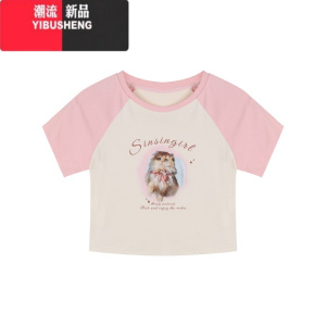 YIBUSHENG甜美可爱猫咪印花撞色露脐短袖T恤女季修身打底短款露脐上衣ins 图片色 均码
