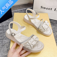 SUNTEK水钻凉鞋女2023年夏季新款法式一字带平底仙女鞋百搭配裙子罗马鞋