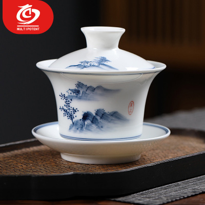 MULTIPOTENT功夫茶具三才盖碗手绘山水如意薄胎瓷盖碗