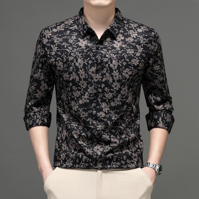 长袖衬衫男士秋季新款潮流印花商务休闲百搭修身衬衣