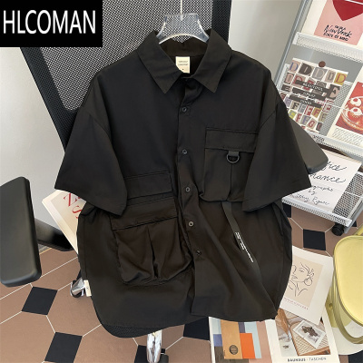 HLCOMAN高级感机能工装短袖衬衫男女山系街头bf宽松休闲翻领半袖黑色衬衣