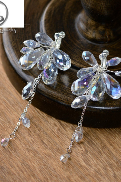 JiMi人工水晶串珠无耳洞耳环耳夹首饰新娘礼服婚纱日常搭配耳饰