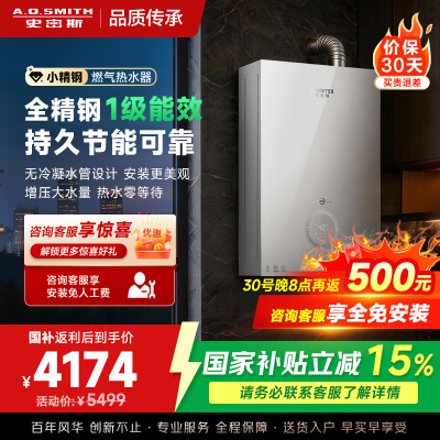 AO史密斯佳尼特JSLQ28-TJE5一级能效防冻燃气热水器智能增压零冷水无冷凝水管大水量新品