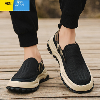 聚范男鞋2024新款夏季透气一脚蹬老北京帆布鞋旅游厚底防滑运动休闲鞋