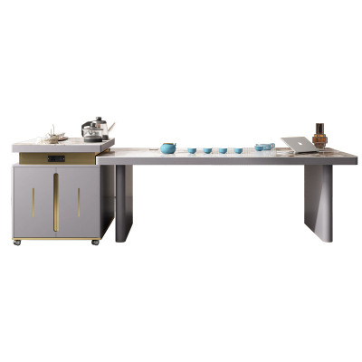 锦北 现代轻奢岩板餐桌岛台茶桌烧水壶一体桌客厅泡茶桌椅 2.0米1桌6椅