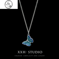 JiMi免费刻字 Lisa同款925银银蓝色蝴蝶锁骨项链女潮INS个性小众设计