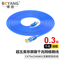 博扬 超五类网络跳线 非屏蔽千兆成品网线 CAT5e(24AWG)无氧铜双绞线0.3米 蓝 BY-5003B