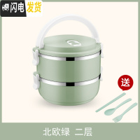 三维工匠简约不锈钢饭盒保温分格1成人可爱便当盒学生2韩国3多层4带盖餐盒 二层北欧绿+餐具