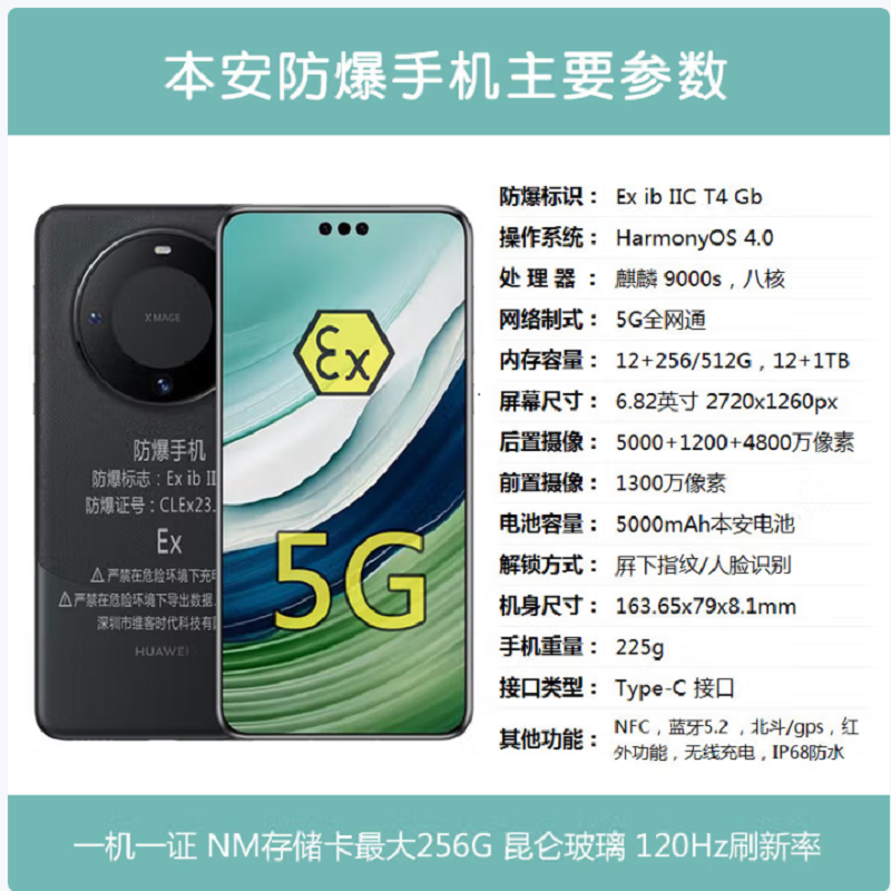 华为 mate60 Pro 1TB 防爆手机 5000mAh 本安EX化工厂石油库天然气医药工业专用 防爆定制版(带证书)