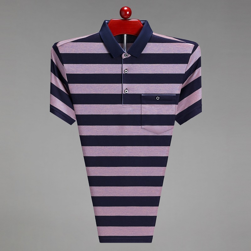 春夏男士短袖T恤简约条纹翻领青年休闲透气时尚薄款新疆棉男装