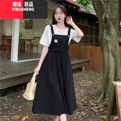 YIBUSHENG季新款森系学院风背带连衣裙女学生中长款韩版收腰百搭显瘦套装