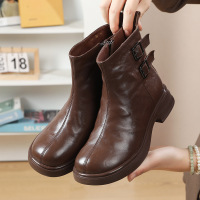 压花牛皮短靴皮带扣女靴秋冬英伦头层牛皮单靴加绒厚底机车靴