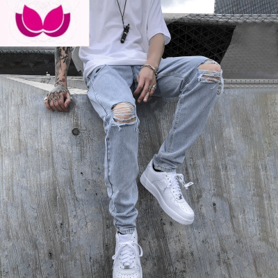 七斓破洞牛仔裤男宽松直筒夏季薄款美式高街ins潮牌浅蓝色休闲长裤子