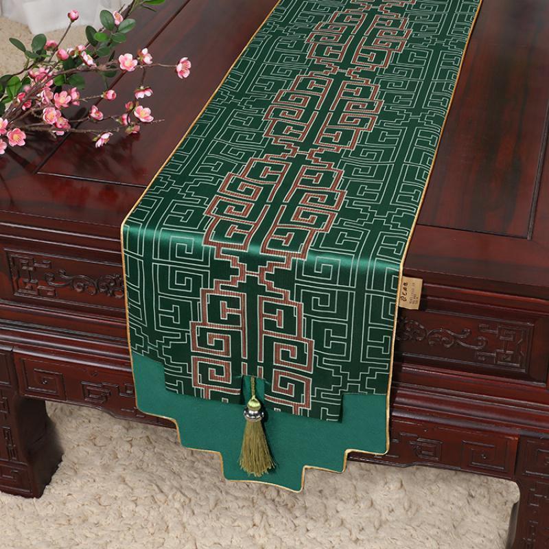 新中式古典玉桌旗茶几长条布艺中国风桌布床柜旗电视柜盖布 如意纹绿 34*120适合桌长60-70CM
