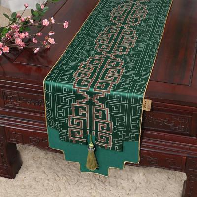新中式古典玉桌旗茶几长条布艺中国风桌布床柜旗电视柜盖布 如意纹绿 34*120适合桌长60-70CM