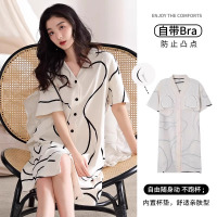 猫人带胸垫睡裙女夏季纯棉短袖中长款新薄款性感连衣裙家居服