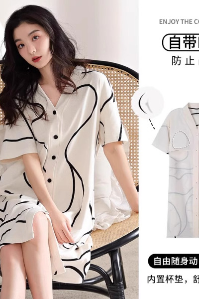 猫人带胸垫睡裙女夏季纯棉短袖中长款新薄款性感连衣裙家居服