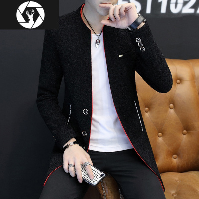 HongZun秋冬中长款毛呢大衣男加绒休闲韩版帅气潮流西装外套男士风衣修身风衣