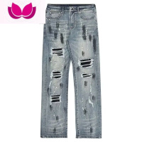 七斓美式vibe风复古做旧泼墨补丁破洞牛仔裤男女高街宽松显瘦直筒长裤