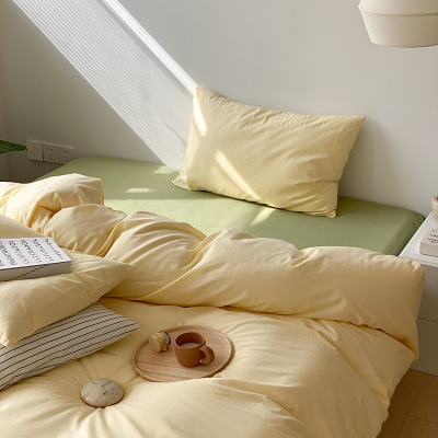 ins水洗棉纯色床单四件套纯棉被套床品宿舍床上三件套床笠式