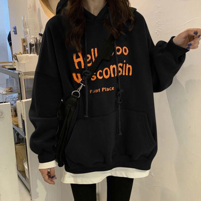 SUNTEK加绒加厚卫衣女秋冬宽松潮韩版学生闺蜜装日系古着戴帽子上衣外套卫衣