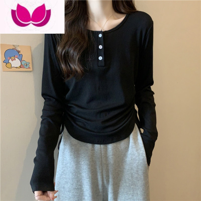 七斓大码女装设计感小众黑色正肩t恤长袖女早春胖mm遮肉显瘦短款上衣