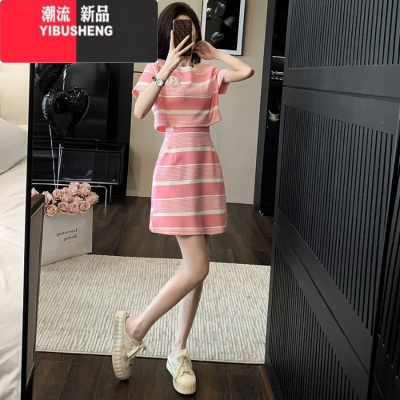 YIBUSHENG2024季新款女装设计感洋气减龄收腰显瘦短裙子欧货条纹连衣裙女