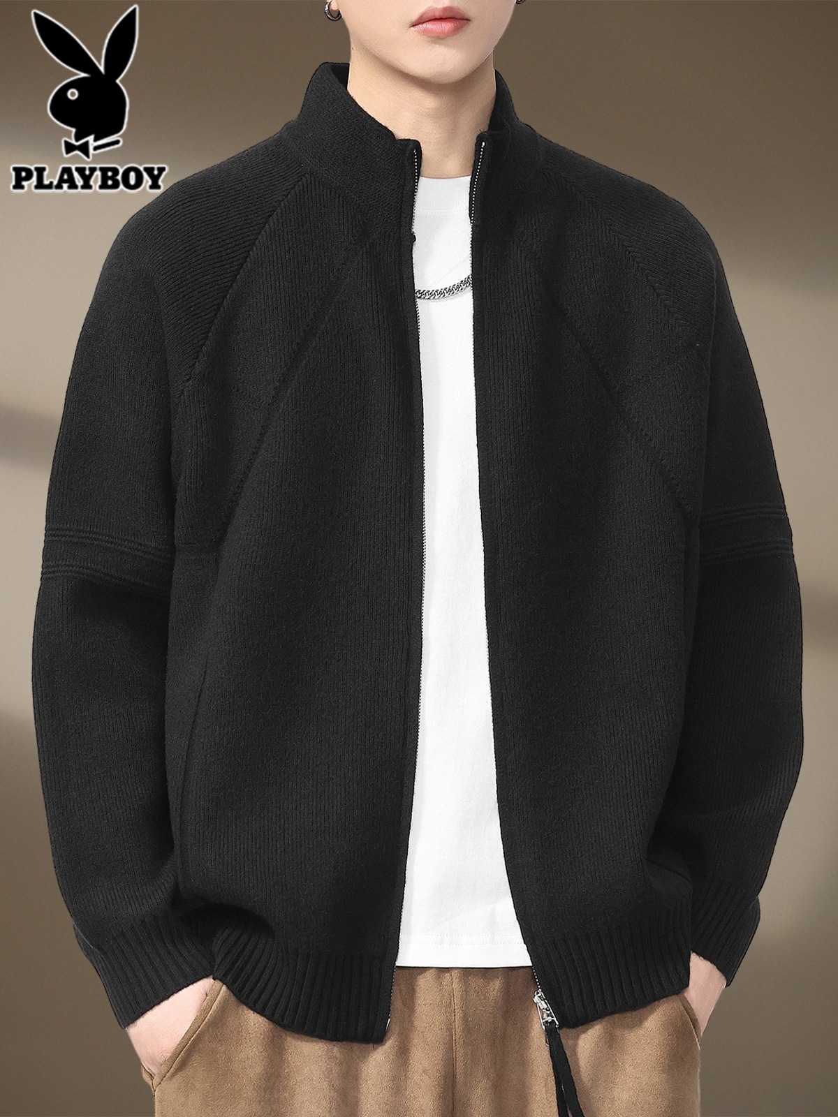 花花公子针织开衫男士秋季新款纯色休闲线衣宽松立领毛衣外套男潮