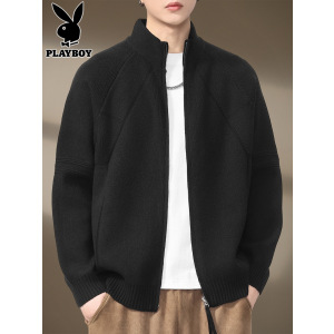 花花公子针织开衫男士秋季新款纯色休闲线衣宽松立领毛衣外套男潮