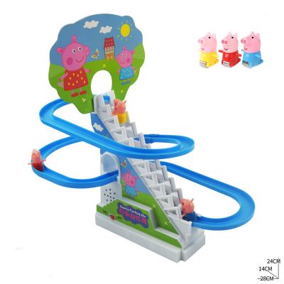抖音小猪爬楼梯电动轨道玩具小黄鸭爬楼梯儿童男女孩滑滑梯玩具充电款单轨道3只小猪